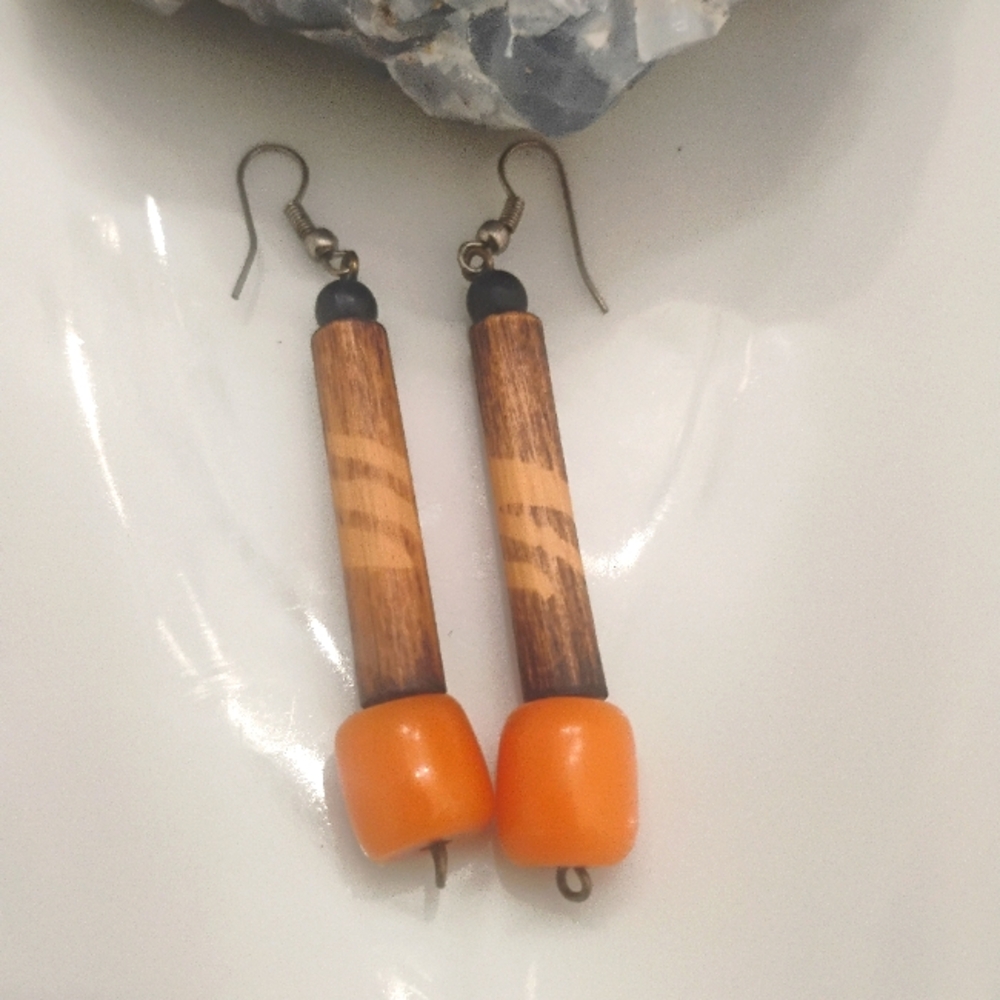 Elongated Wooden Bead Earrings, Brown & Orange